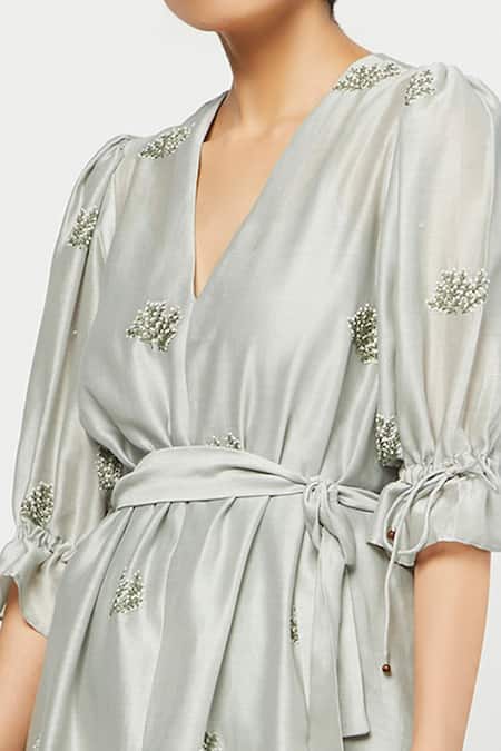 Shop Meadow Green Silk Chanderi V Neck Tunic And Cotton Satin Pant Set Online at Aza Fashions Shop_Meadow_Green Silk Chanderi V Neck Tunic And Cotton Satin Pant Set _Online_at_Aza_Fashions