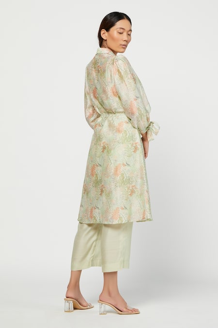 Shop Meadow Green Silk Chanderi Spread Collar Terra Tunic And Pant Set at Aza Fashions Shop_Meadow_Green Silk Chanderi Spread Collar Terra Tunic And Pant Set _at_Aza_Fashions