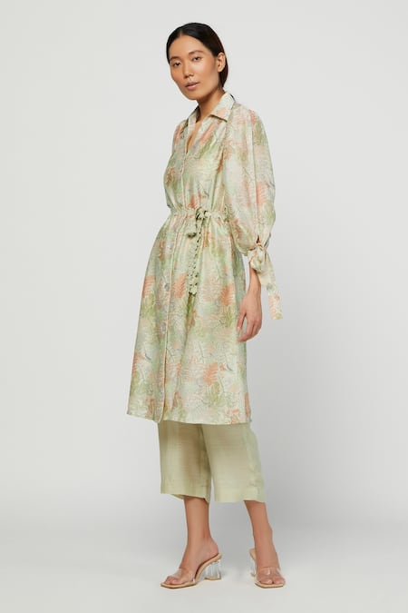 Meadow Green Silk Chanderi Spread Collar Terra Tunic And Pant Set Online at Aza Fashions Meadow_Green Silk Chanderi Spread Collar Terra Tunic And Pant Set _Online_at_Aza_Fashions
