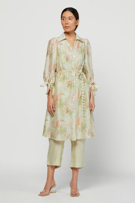 Buy Meadow Green Silk Chanderi Spread Collar Terra Tunic And Pant Set Online at Aza Fashions Buy_Meadow_Green Silk Chanderi Spread Collar Terra Tunic And Pant Set _Online_at_Aza_Fashions