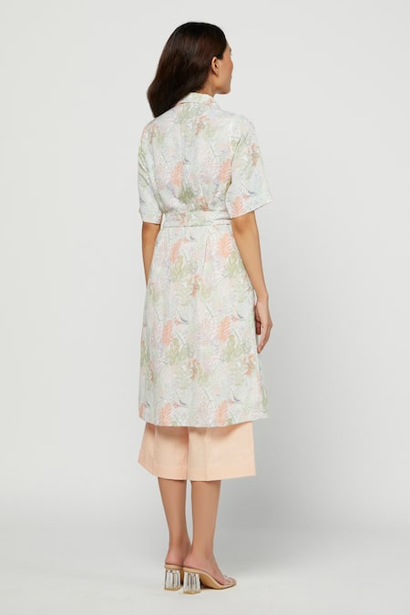 Shop_Meadow_Peach Linen Spread Collar Terra Tunic And Pant Set _at_Aza_Fashions