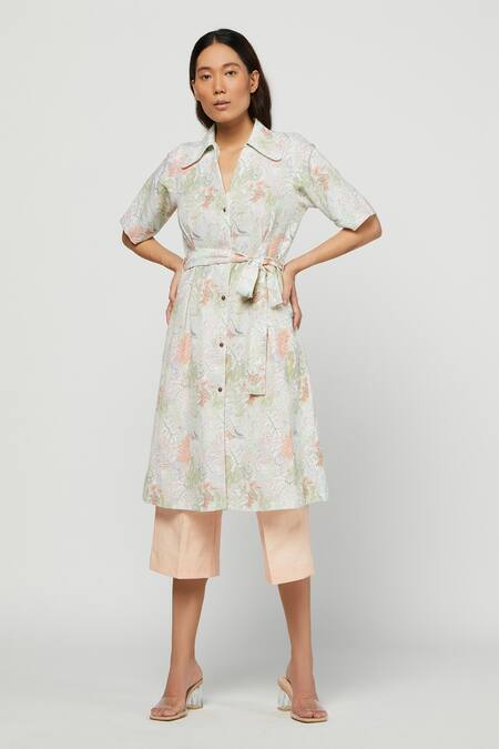 Meadow_Peach Linen Spread Collar Terra Tunic And Pant Set _Online_at_Aza_Fashions