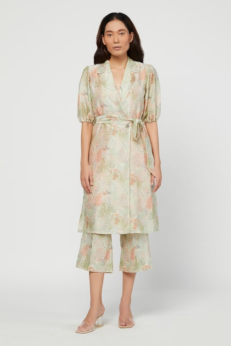 Meadow Green Silk Chanderi Lapel Terra Tunic And Pant Set