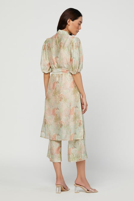 Shop Meadow Green Silk Chanderi Lapel Terra Tunic And Pant Set at Aza Fashions Shop_Meadow_Green Silk Chanderi Lapel Terra Tunic And Pant Set _at_Aza_Fashions