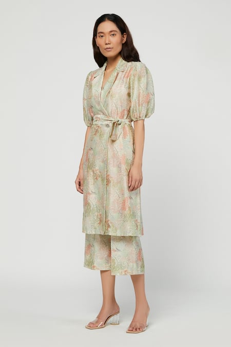 Buy Meadow Green Silk Chanderi Lapel Terra Tunic And Pant Set Online at Aza Fashions Buy_Meadow_Green Silk Chanderi Lapel Terra Tunic And Pant Set _Online_at_Aza_Fashions