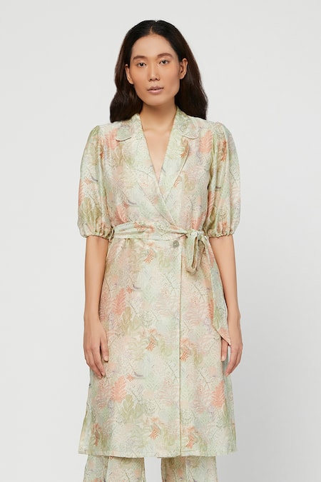 Shop Meadow Green Silk Chanderi Lapel Terra Tunic And Pant Set Online at Aza Fashions Shop_Meadow_Green Silk Chanderi Lapel Terra Tunic And Pant Set _Online_at_Aza_Fashions