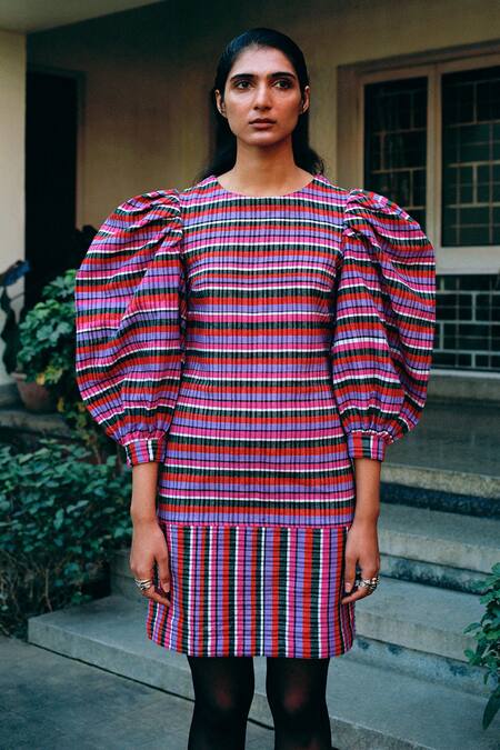 Joskai Studio_Multi Color Cotton, Wool Checkered Round Balloon Sleeve Dress_Online_at_Aza_Fashions