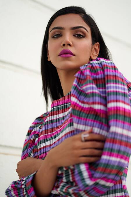 Buy_Joskai Studio_Multi Color Cotton, Wool Checkered Round Balloon Sleeve Dress_Online_at_Aza_Fashions