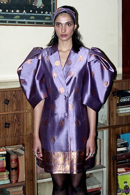 Joskai Studio_Purple Mulberry Silk Xingkhap Motifs Notched Lapel Double Layered Blazer Dress_Online_at_Aza_Fashions