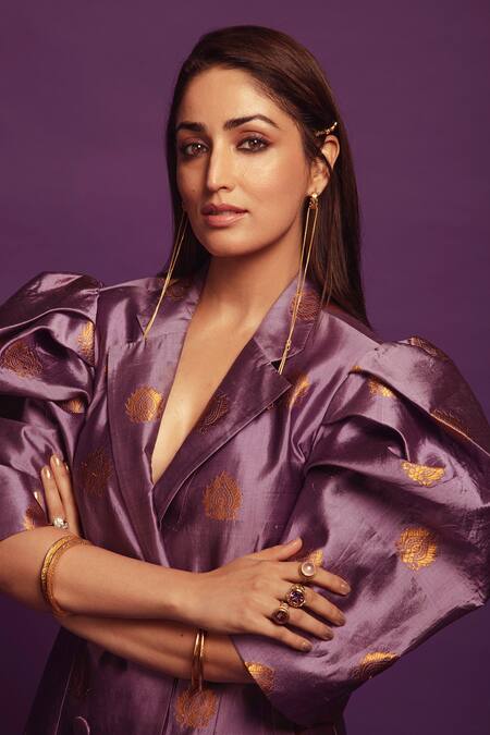 Shop_Joskai Studio_Purple Mulberry Silk Xingkhap Motifs Notched Lapel Double Layered Blazer Dress_Online_at_Aza_Fashions