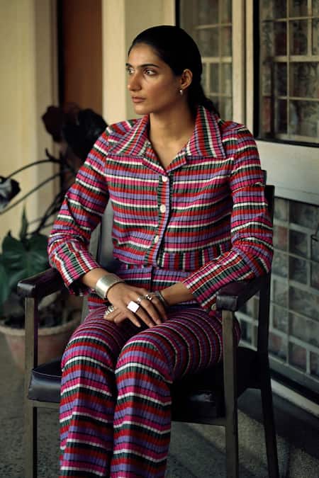 Buy_Joskai Studio_Multi Color Cotton Blend Striped Collared Neck Shirt_Online_at_Aza_Fashions