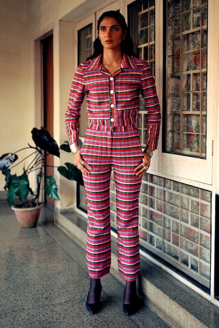 Joskai Studio_Multi Color Cotton Blend Striped Collared Neck Pant Set_Online_at_Aza_Fashions