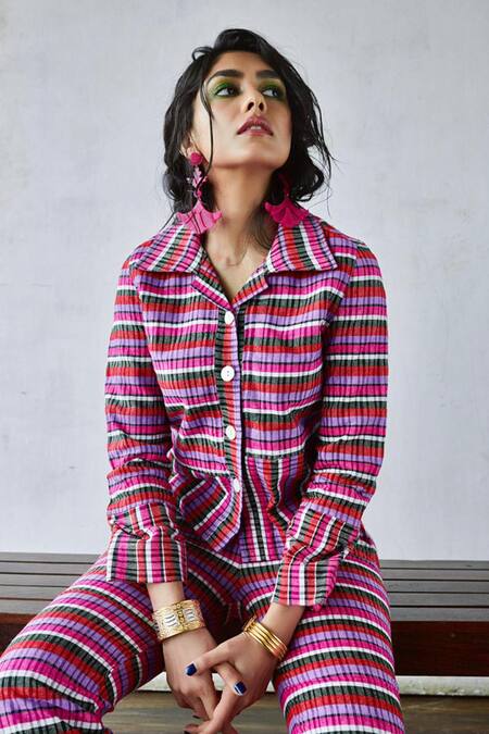 Buy_Joskai Studio_Multi Color Cotton Blend Striped Collared Neck Pant Set_Online_at_Aza_Fashions