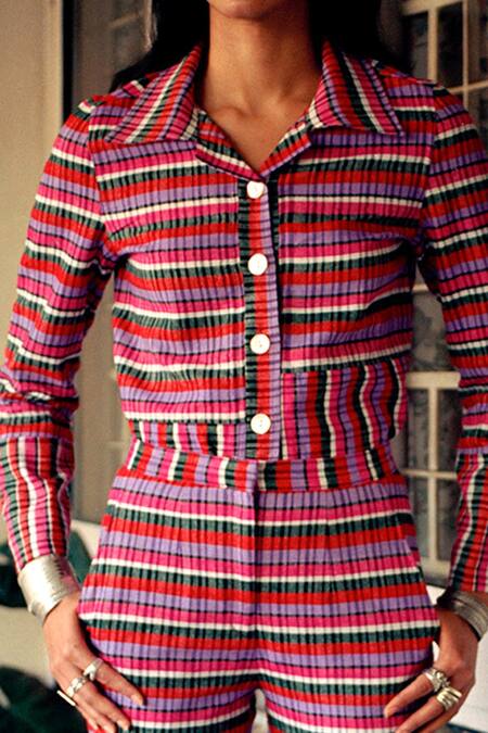 Joskai Studio_Multi Color Cotton Blend Striped Collared Neck Pant Set_at_Aza_Fashions