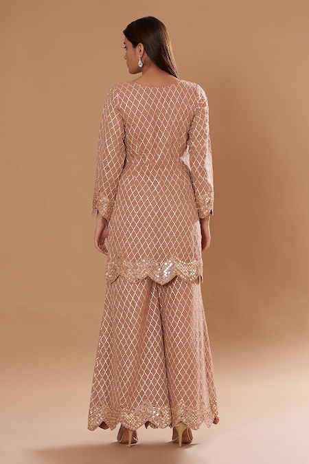 Shop Two Sisters By Gyans Peach Georgette Zari, Sequins, Gota Geometric Embroidered Kurta Sharara Set at Aza Fashions Shop_Two Sisters By Gyans_Peach Georgette Zari, Sequins, Gota Geometric Embroidered Kurta Sharara Set _at_Aza_Fashions