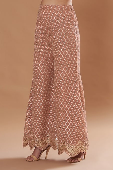 Two Sisters By Gyans Peach Georgette Zari, Sequins, Gota Geometric Embroidered Kurta Sharara Set Online at Aza Fashions Two Sisters By Gyans_Peach Georgette Zari, Sequins, Gota Geometric Embroidered Kurta Sharara Set _Online_at_Aza_Fashions