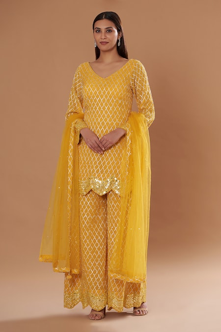Two Sisters By Gyans Yellow Georgette Zari, Gota Patti, Sequins, Embroidered Kurta Sharara Set 