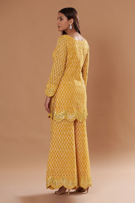 Shop Two Sisters By Gyans Yellow Georgette Zari, Gota Patti, Sequins, Embroidered Kurta Sharara Set at Aza Fashions Shop_Two Sisters By Gyans_Yellow Georgette Zari, Gota Patti, Sequins, Embroidered Kurta Sharara Set _at_Aza_Fashions