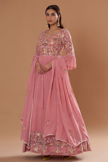 Two Sisters By Gyans Peach Georgette Embroidery, Tassels Round Neck Pleated Anarkali With Dupatta 