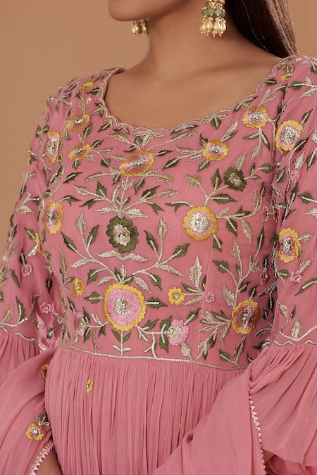 Two Sisters By Gyans Peach Georgette Embroidery, Tassels Round Neck Pleated Anarkali With Dupatta Online at Aza Fashions Two Sisters By Gyans_Peach Georgette Embroidery, Tassels Round Neck Pleated Anarkali With Dupatta _Online_at_Aza_Fashions