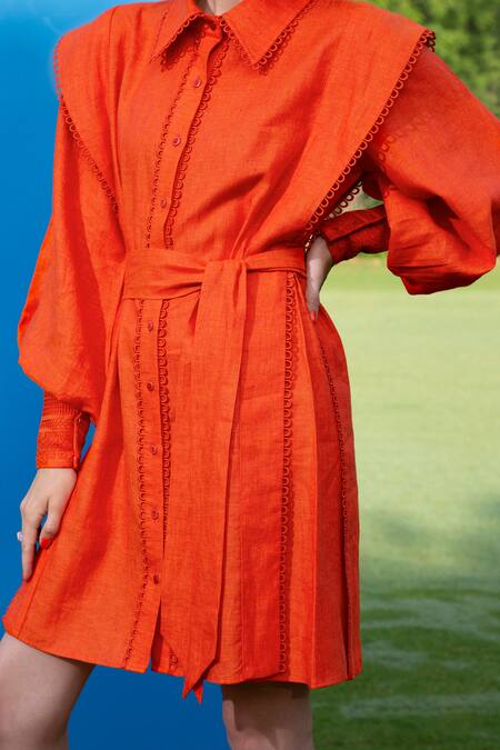 Apz_Orange Linen Twister Shirt Dress_at_Aza_Fashions