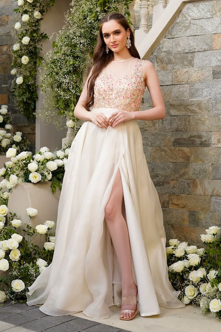 Tamaraa By Tahani_White Organza And Duchess Satin Sequin & Thread Round Gown _Online_at_Aza_Fashions