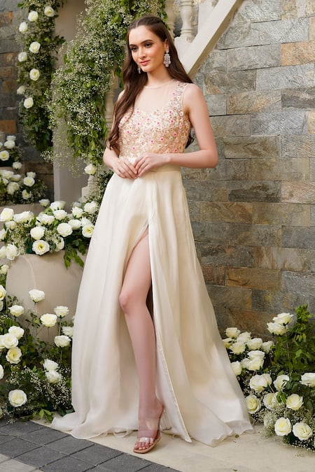 Buy_Tamaraa By Tahani_White Organza And Duchess Satin Sequin & Thread Round Gown _Online_at_Aza_Fashions