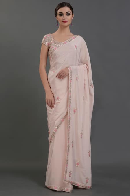 Talking Threads_Pink Pure Crepe Round Embroidered Saree With Blouse_Online_at_Aza_Fashions