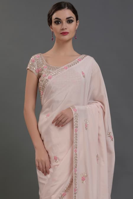 Buy_Talking Threads_Pink Pure Crepe Round Embroidered Saree With Blouse_Online_at_Aza_Fashions