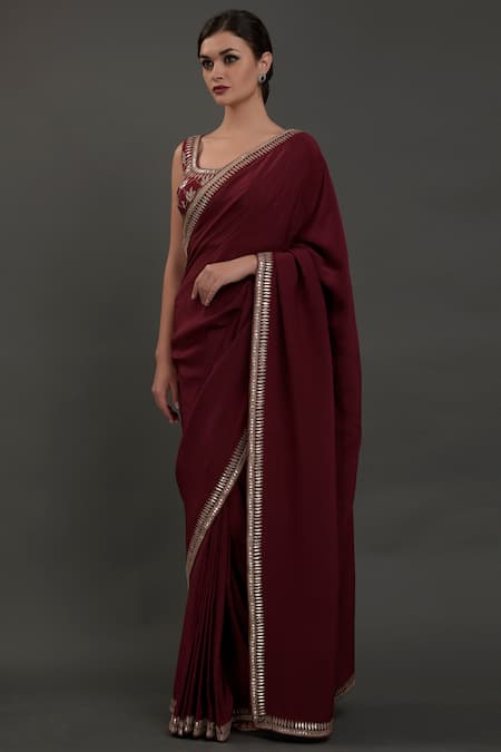 Buy_Talking Threads_Wine Pure Crepe Round Saree With Embroidered Blouse _Online_at_Aza_Fashions
