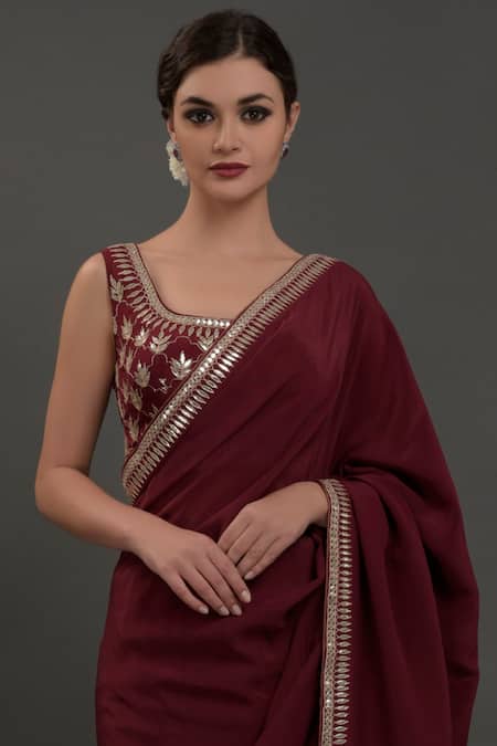 Shop_Talking Threads_Wine Pure Crepe Round Saree With Embroidered Blouse _Online_at_Aza_Fashions