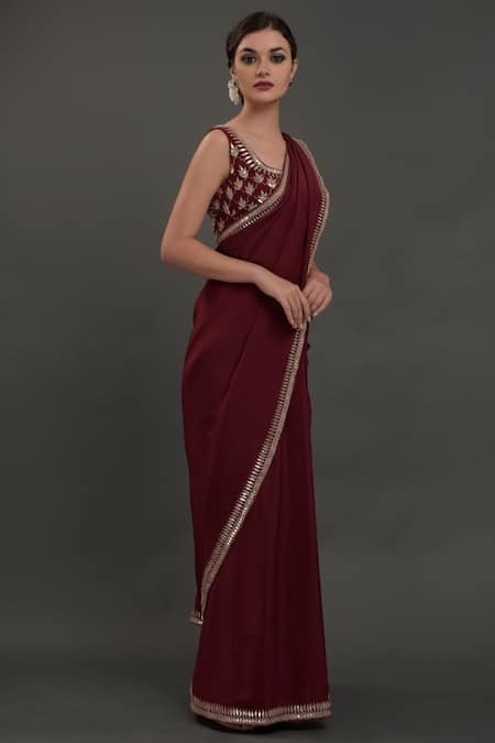 Talking Threads_Wine Pure Crepe Round Saree With Embroidered Blouse _Online_at_Aza_Fashions