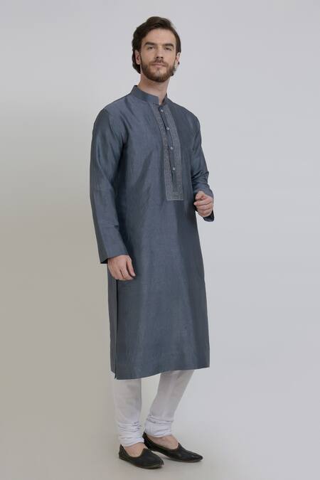 Talking Threads_Grey Silk Embroidered Floral Kurta  _Online_at_Aza_Fashions