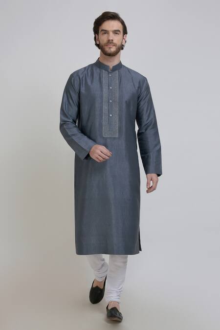 Buy_Talking Threads_Grey Silk Embroidered Floral Kurta  _Online_at_Aza_Fashions