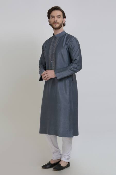 Shop_Talking Threads_Grey Silk Embroidered Floral Kurta  _Online_at_Aza_Fashions