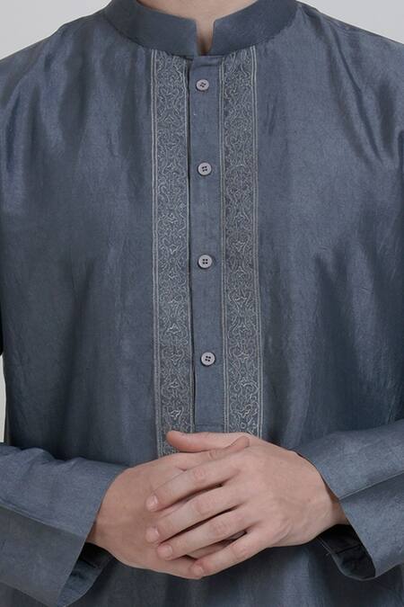 Talking Threads_Grey Silk Embroidered Floral Kurta  _at_Aza_Fashions