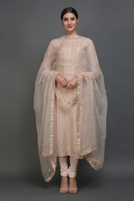 Talking Threads Pink Dupatta- Net, Kurta, Pant- Pure Silk Gota Jewel Neck Embroidered Set 