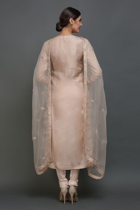 Shop Talking Threads Pink Dupatta- Net, Kurta, Pant- Pure Silk Gota Jewel Neck Embroidered Set at Aza Fashions Shop_Talking Threads_Pink Dupatta- Net, Kurta, Pant- Pure Silk Gota Jewel Neck Embroidered Set _at_Aza_Fashions
