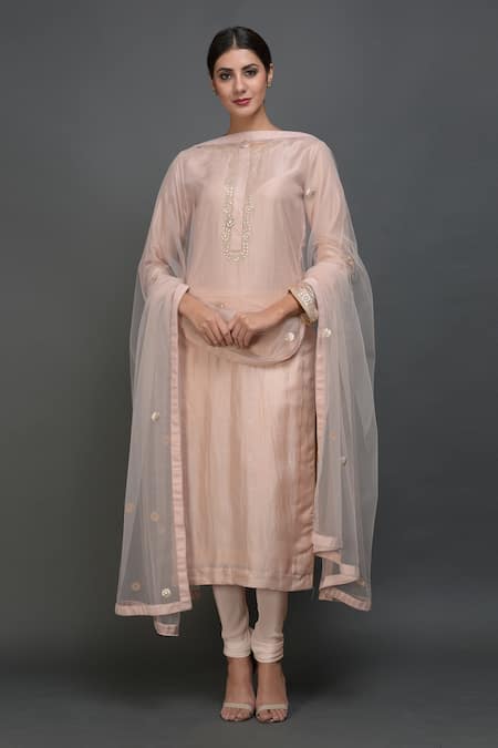 Buy Talking Threads Pink Dupatta- Net, Kurta, Pant- Pure Silk Gota Jewel Neck Embroidered Set Online at Aza Fashions Buy_Talking Threads_Pink Dupatta- Net, Kurta, Pant- Pure Silk Gota Jewel Neck Embroidered Set _Online_at_Aza_Fashions