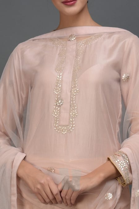 Talking Threads Pink Dupatta- Net, Kurta, Pant- Pure Silk Gota Jewel Neck Embroidered Set at Aza Fashions Talking Threads_Pink Dupatta- Net, Kurta, Pant- Pure Silk Gota Jewel Neck Embroidered Set _at_Aza_Fashions