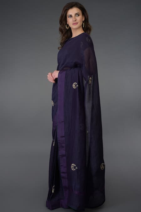 Buy Talking Threads Blue Kota Linen Band Saree With Blouse Online at Aza Fashions Buy_Talking Threads_Blue Kota Linen Band Saree With Blouse _Online_at_Aza_Fashions