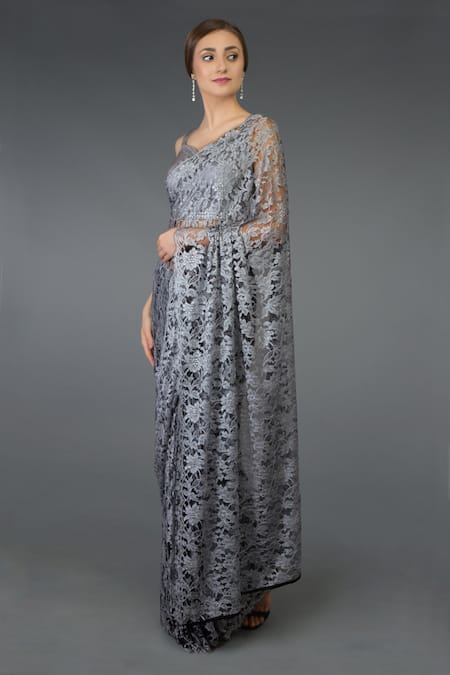 Talking Threads Grey Floral Lace Saree With Blouse