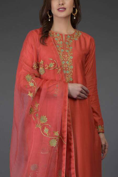 Shop_Talking Threads_Coral Chanderi, Organza Silk Round Embroidered Kurta Set _Online_at_Aza_Fashions