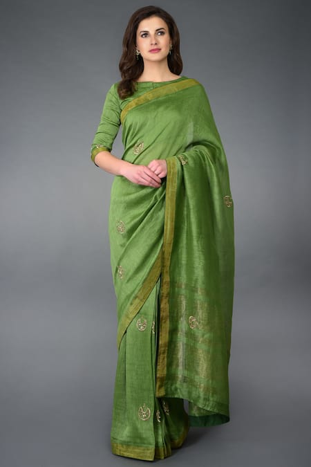 Talking Threads Silk Linen Embroidered Saree Set 