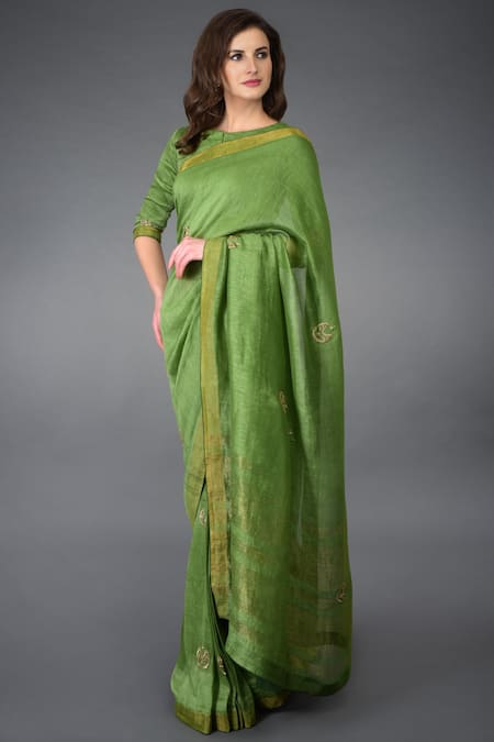Buy Talking Threads Green Silk Linen Round Embroidered Saree Set Online at Aza Fashions Buy_Talking Threads_Green Silk Linen Round Embroidered Saree Set _Online_at_Aza_Fashions