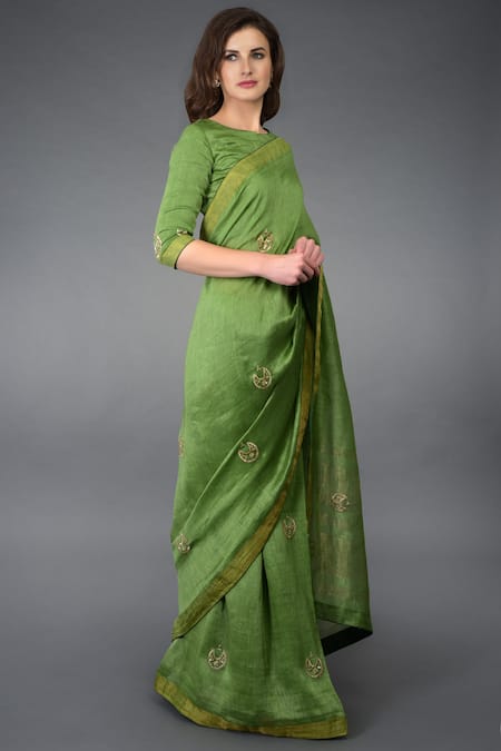 Talking Threads Green Silk Linen Round Embroidered Saree Set Online at Aza Fashions Talking Threads_Green Silk Linen Round Embroidered Saree Set _Online_at_Aza_Fashions