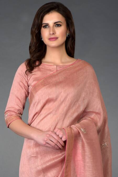 Shop Talking Threads Pink Silk Linen Round Embroidered Saree Set Online at Aza Fashions Shop_Talking Threads_Pink Silk Linen Round Embroidered Saree Set _Online_at_Aza_Fashions