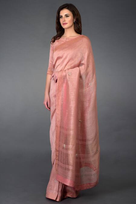 Buy Talking Threads Pink Silk Linen Round Embroidered Saree Set Online at Aza Fashions Buy_Talking Threads_Pink Silk Linen Round Embroidered Saree Set _Online_at_Aza_Fashions
