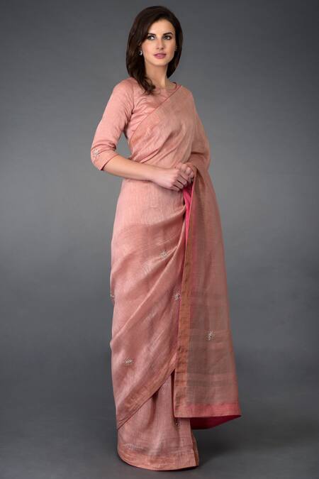 Talking Threads Pink Silk Linen Round Embroidered Saree Set Online at Aza Fashions Talking Threads_Pink Silk Linen Round Embroidered Saree Set _Online_at_Aza_Fashions