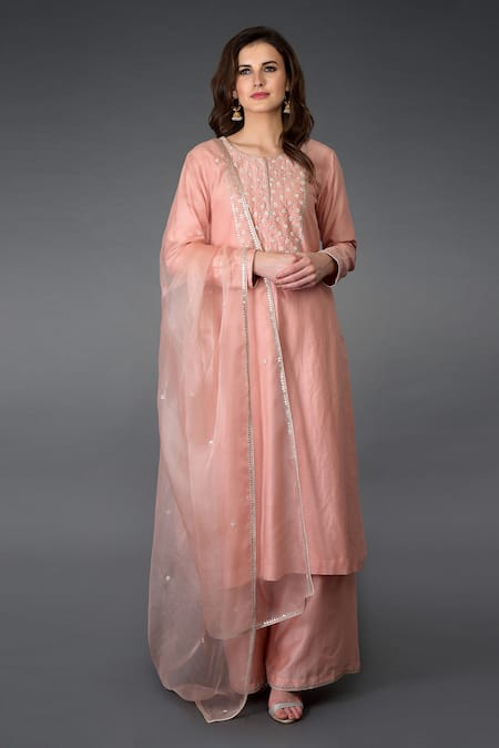 Talking Threads Pink Dupatta- Organza Silk, Kurta, Pant- Chanderi Pearl, Bead, Embroidered Set 